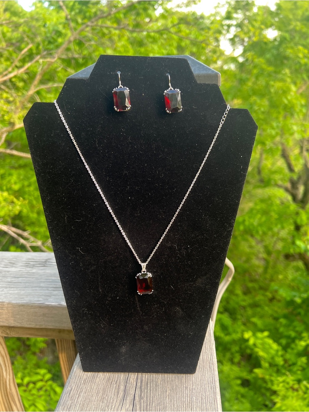 Classic Silver Tone Deep Red Garnet Necklace and Earring Set